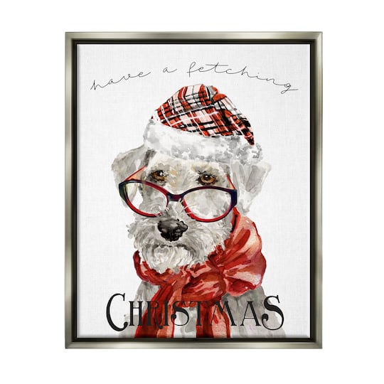 Stupell Industries Have a Fetching Christmas Dog Gold Framed Floater Canvas Wall Art